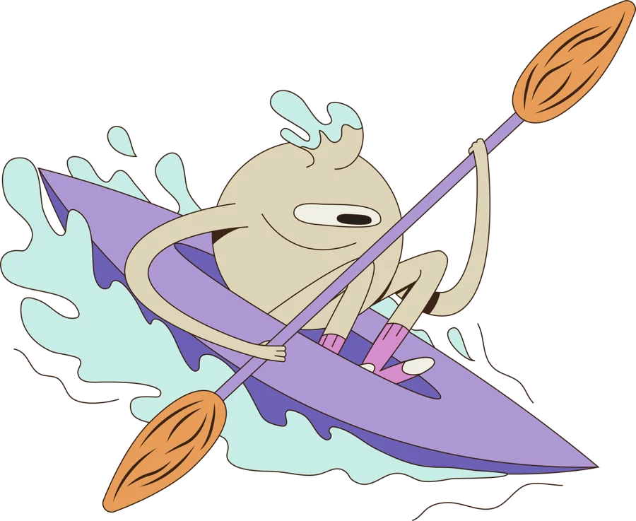 An almond character paddling a purple kayak through splashing water