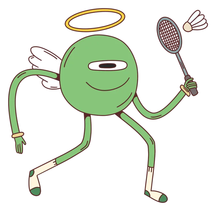 A green angel character with a halo and wings, holding a badminton racket