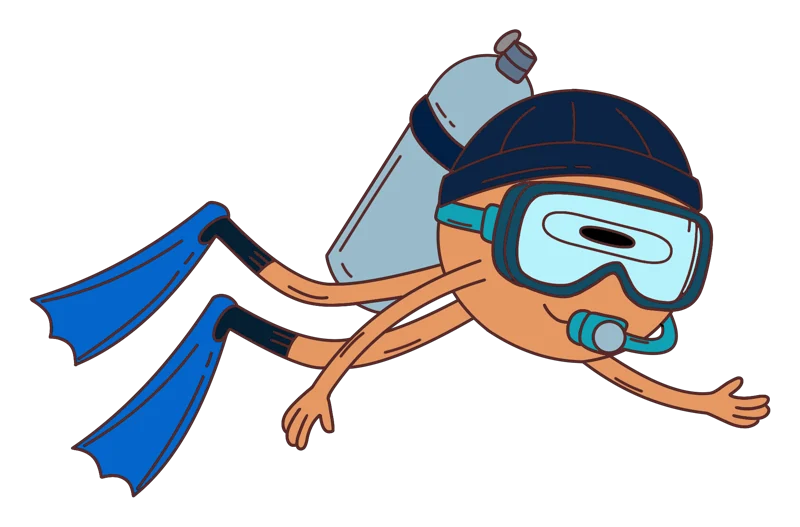 An orange scuba diver with a mask, fins and an air tank