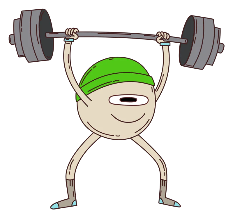 A cream weightlifter in a green cap lifting a barbell overhead