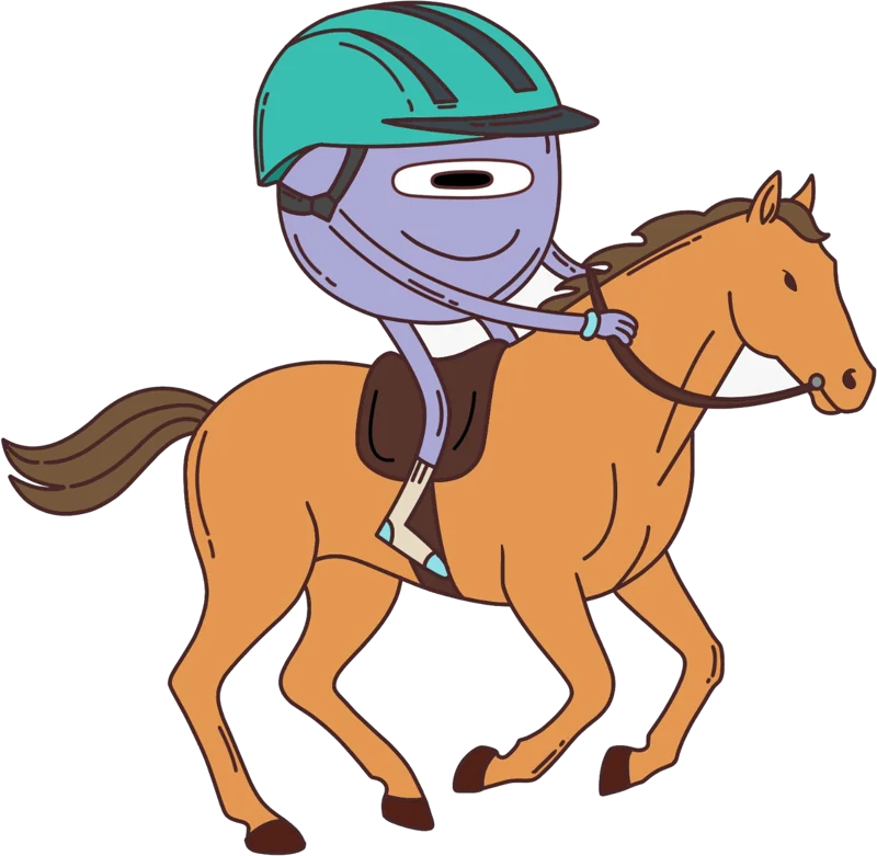 A purple rider in a teal helmet galloping on a horse