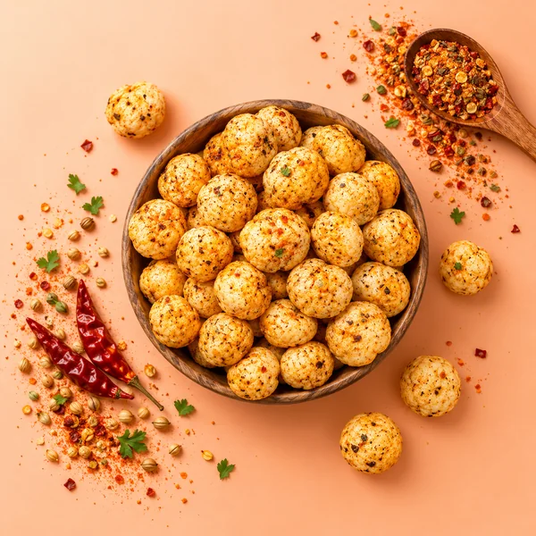 Top-down bowl of Makhana Maveric magic masala makhana